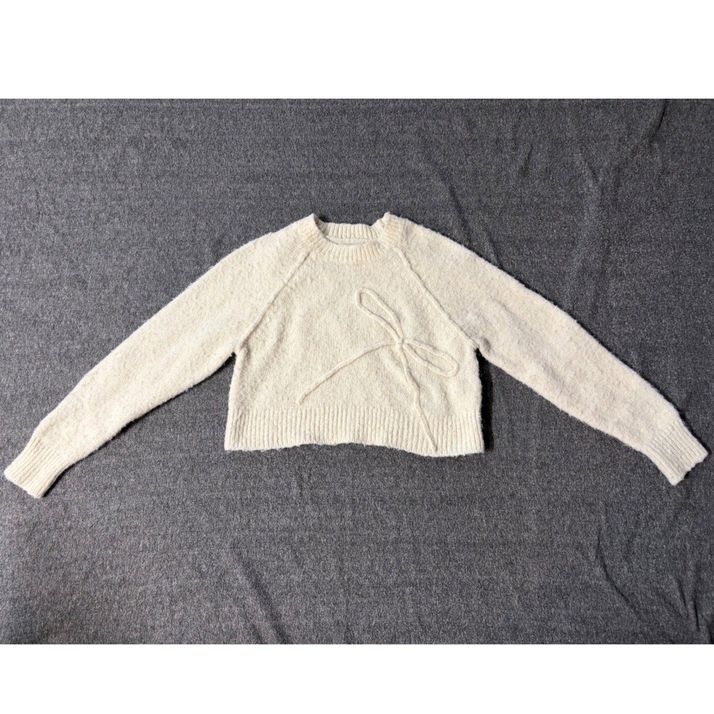American Eagle Women Cream Fuzzy Bow Knit Cropped Sweater Size Large L Ivory